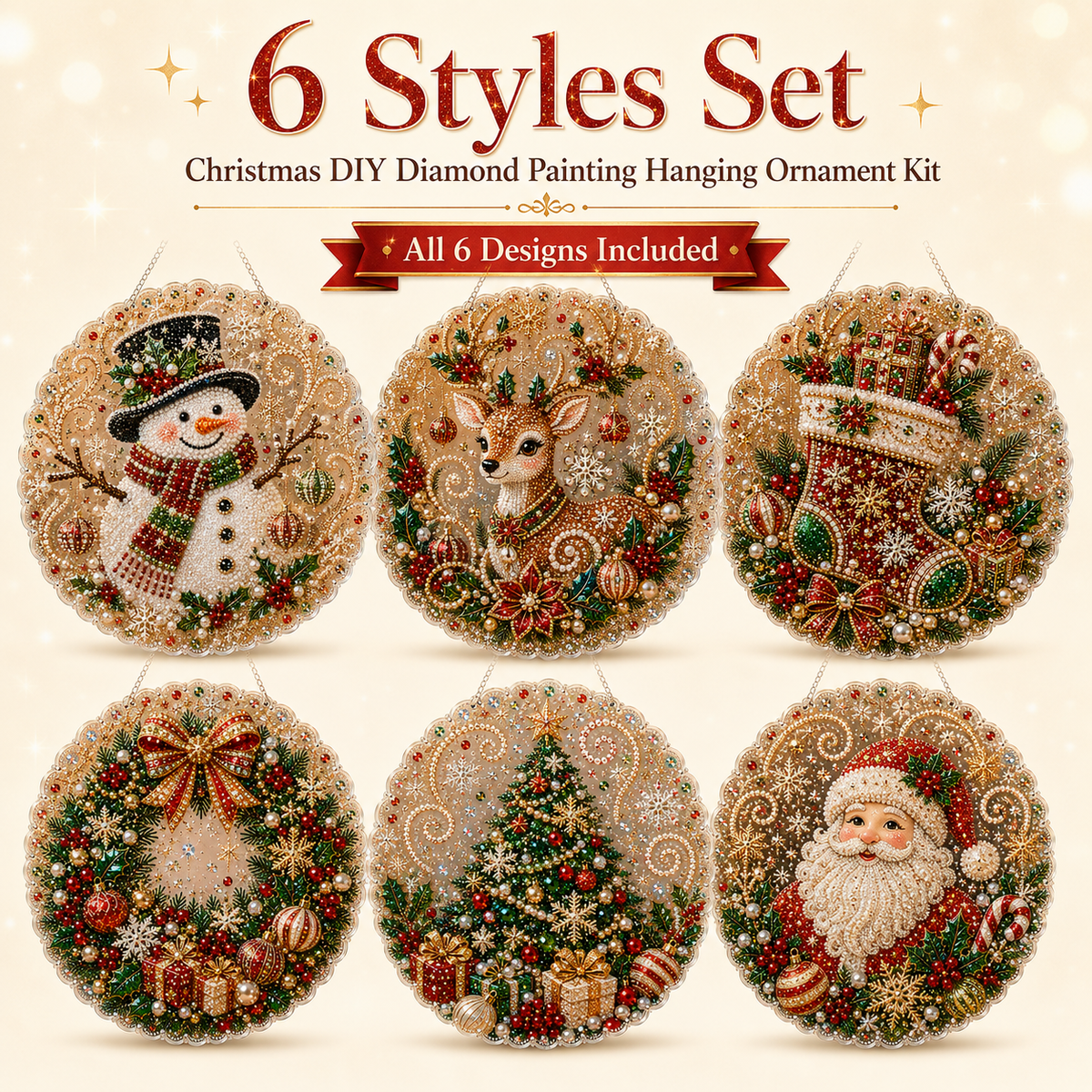 DIY Diamond Painting Christmas Hanging Ornament Kit - 3D Gem Santa, Snowman & Tree Decor