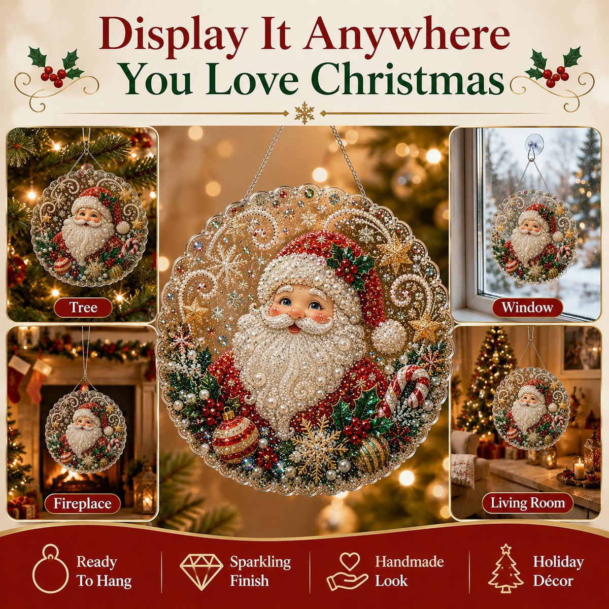 DIY Diamond Painting Christmas Hanging Ornament Kit - 3D Gem Santa, Snowman & Tree Decor