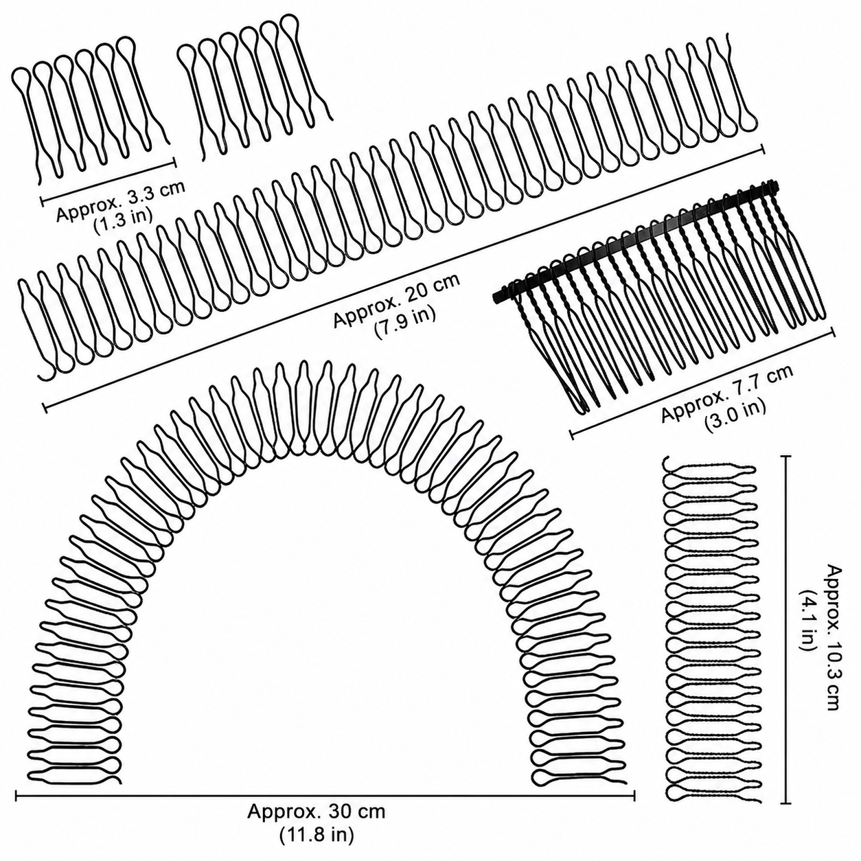 Complete five-style flyaway comb set with six individual pieces and dimensions