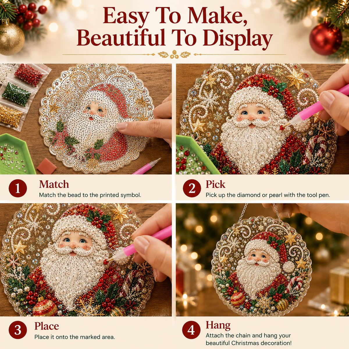 DIY Diamond Painting Christmas Hanging Ornament Kit - 3D Gem Santa, Snowman & Tree Decor
