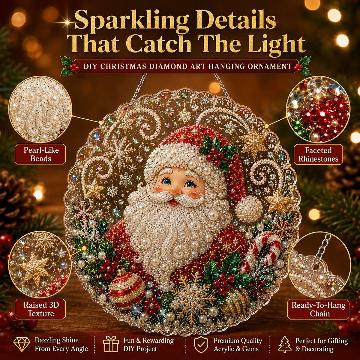 DIY Diamond Painting Christmas Hanging Ornament Kit - 3D Gem Santa, Snowman & Tree Decor